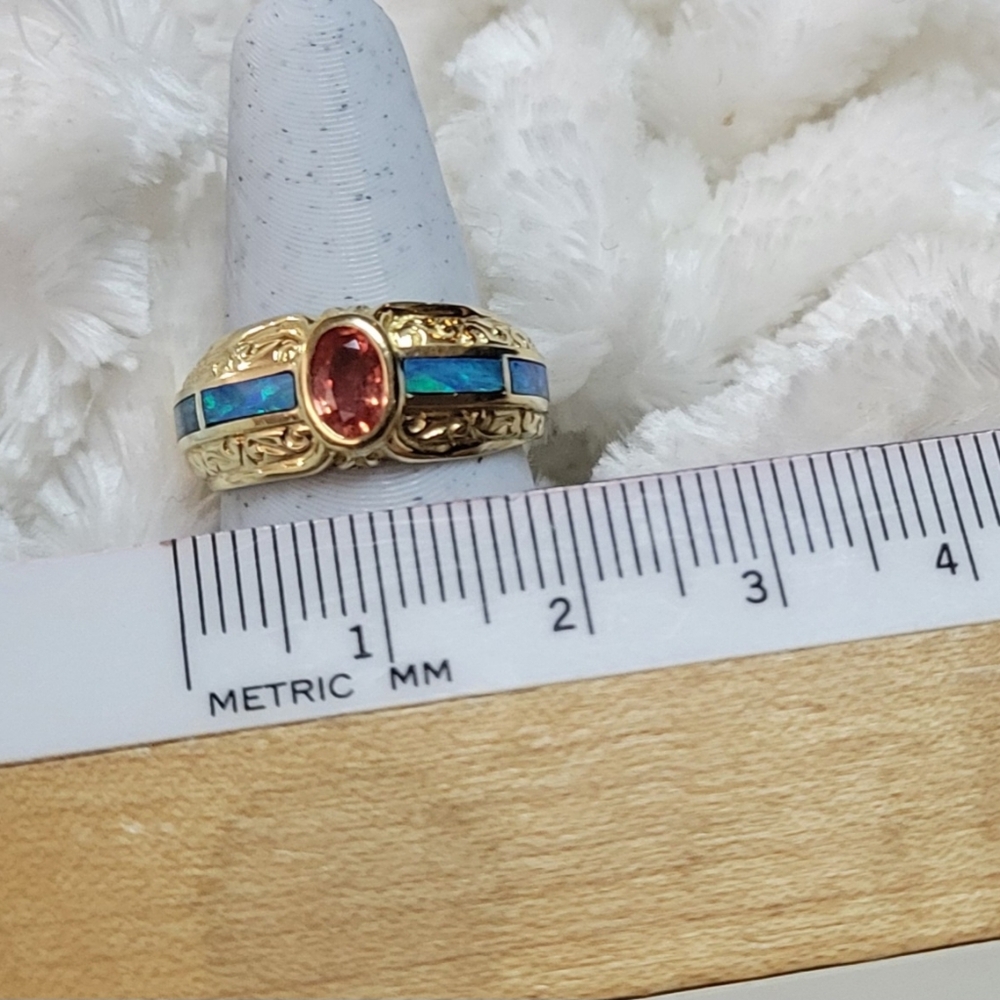 FINAL PRICE BEAUTIFUL 14K Yellow Gold Padparadscha Sapphire & Inlaid Opal Ring - Picture 3 of 7